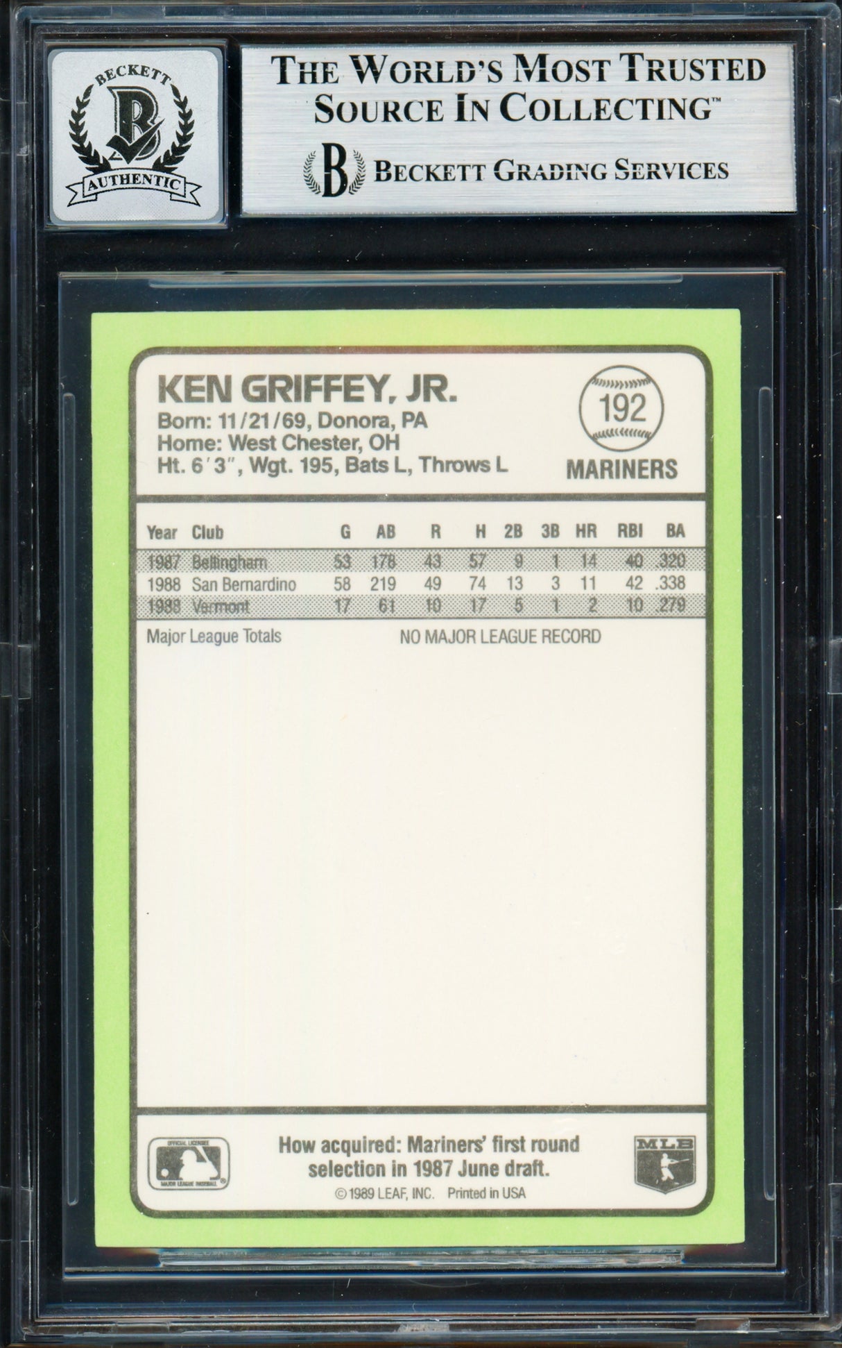 Ken Griffey Jr. Autographed 1989 Donruss Baseball's Best Rookie Card #192 Seattle Mariners Auto Grade Gem Mint 10 Beckett BAS Stock #261771