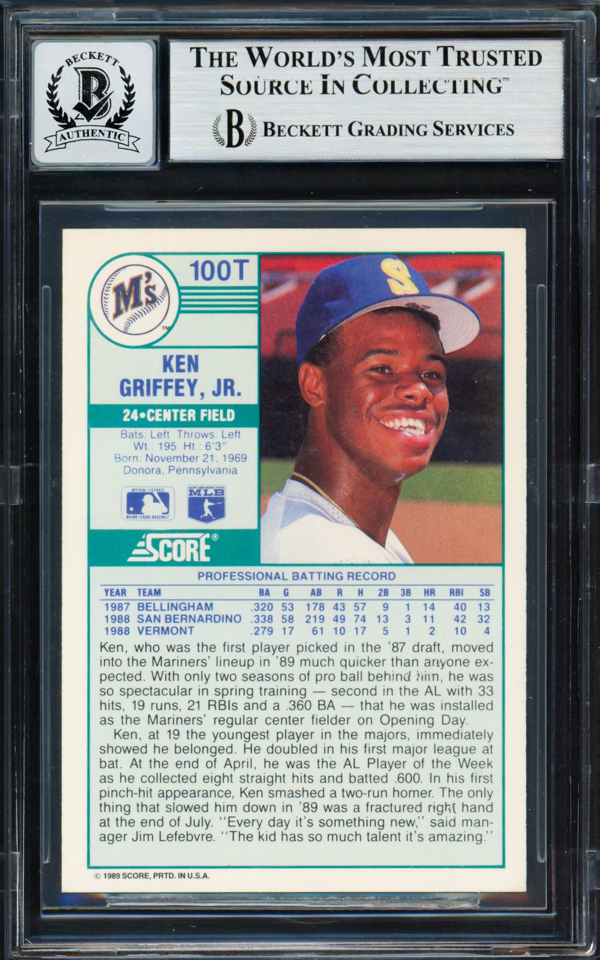Ken Griffey Jr. Autographed 1989 Score Traded Rookie Card #100T Seattle Mariners Auto Grade Gem Mint 10 Beckett BAS Stock #261773