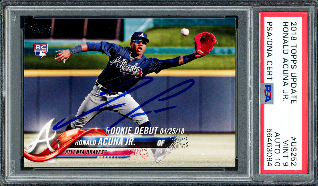 Ronald Acuna Jr. Autographed 2018 Topps Update Rookie Card #US252 Atlanta Braves PSA 9 Auto Grade Gem Mint 10 PSA/DNA Stock #261992