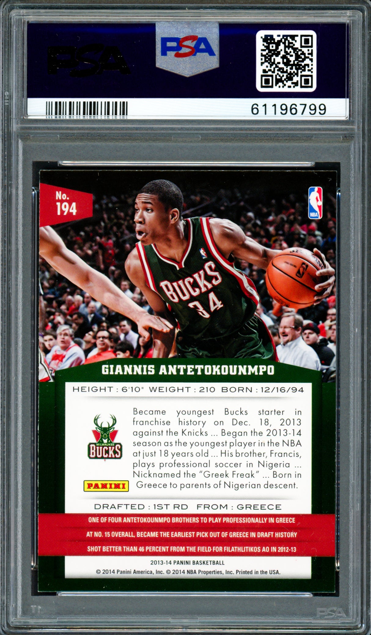 Giannis Antetokounmpo Autographed 2013 Panini Rookie Card #194 Milwaukee Bucks PSA 8 Auto Grade Mint 9 PSA/DNA Stock #261995