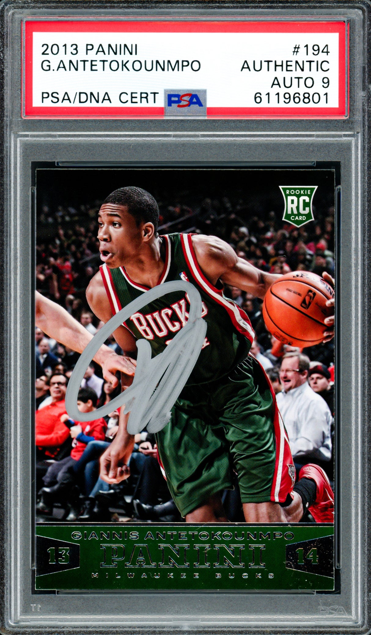 Giannis Antetokounmpo Autographed 2013 Panini Rookie Card #194 Milwaukee Bucks Auto Grade Mint 9 PSA/DNA Stock #261997
