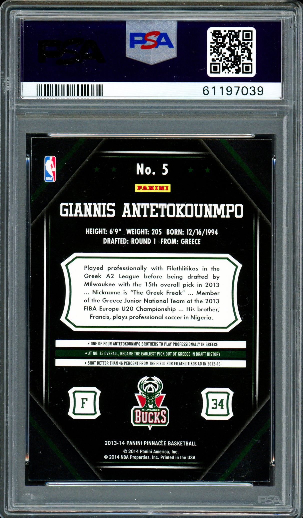 Giannis Antetokounmpo Autographed 2013 Panini Pinnacle Rookie Card #5 Milwaukee Bucks PSA 8 Auto Grade Gem Mint 10 PSA/DNA Stock #261998