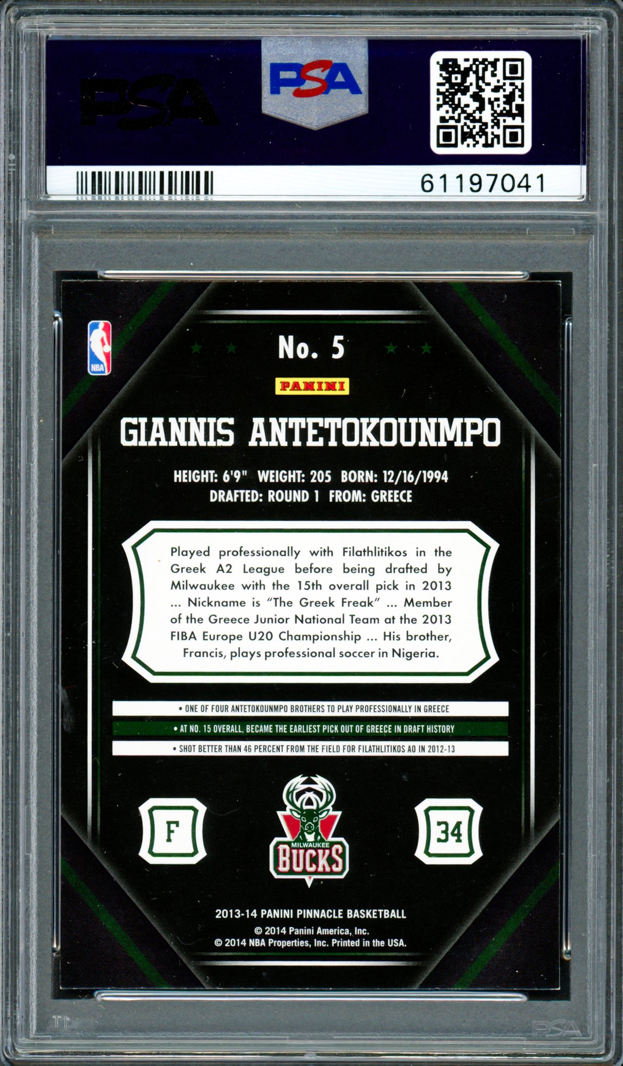 Giannis Antetokounmpo Autographed 2013 Panini Pinnacle Rookie Card #5 Milwaukee Bucks PSA 8 Auto Grade Mint 9 PSA/DNA Stock #261999