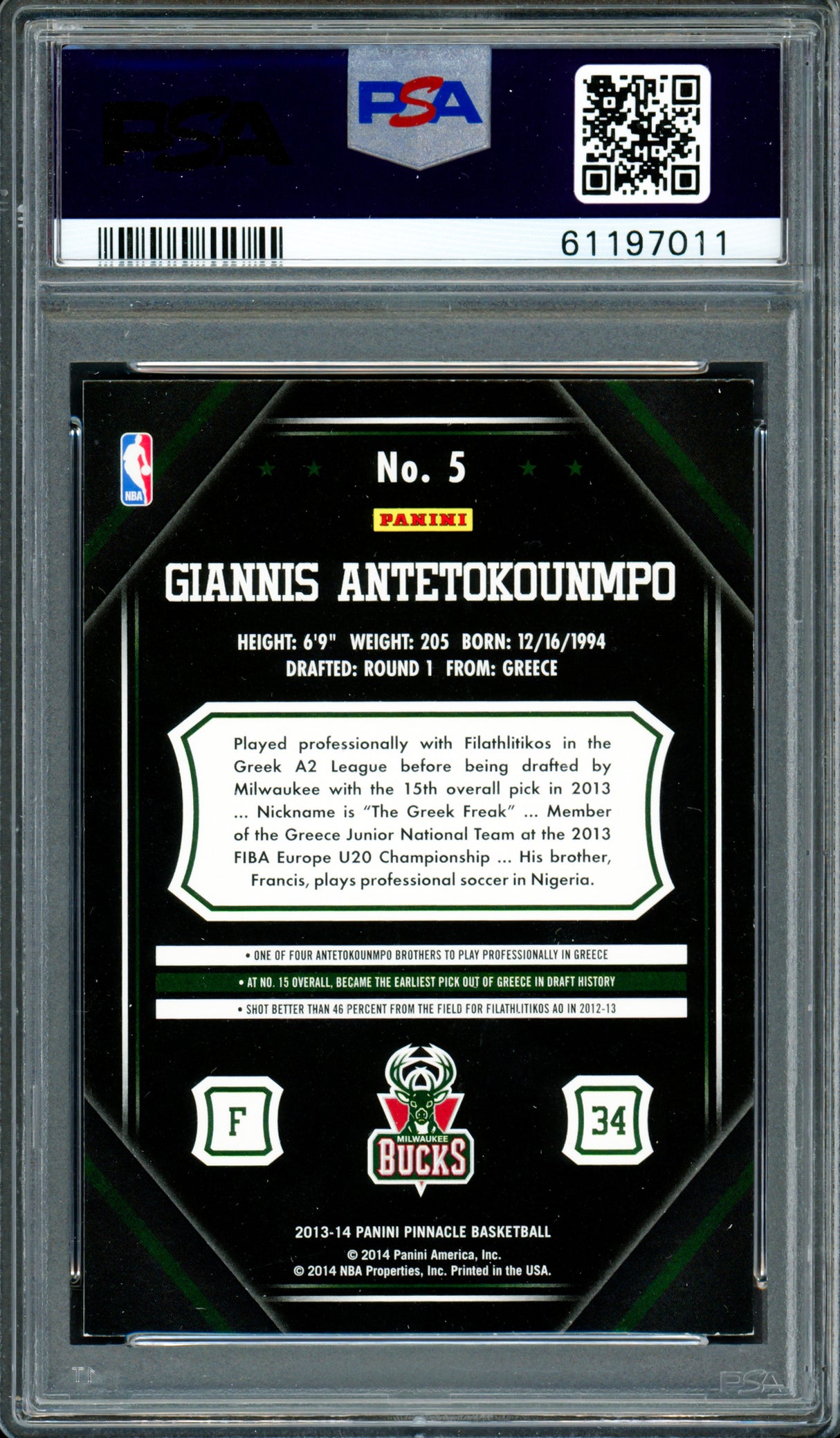 Giannis Antetokounmpo Autographed 2013 Panini Pinnacle Rookie Card #5 Milwaukee Bucks Auto Grade Gem Mint 10 PSA/DNA Stock #262000
