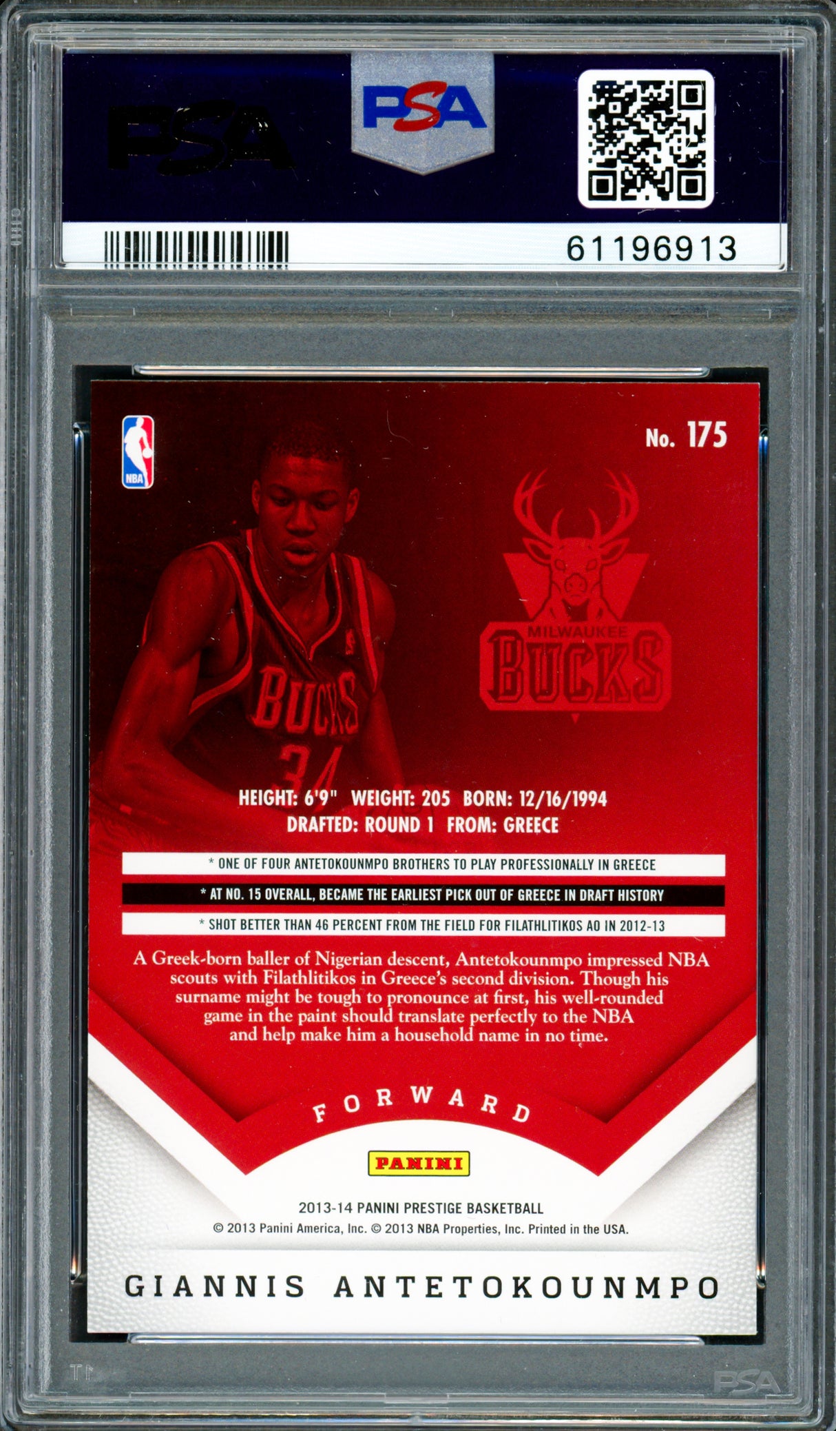 Giannis Antetokounmpo Autographed 2013 Panini Prestige Rookie Card #175 Milwaukee Bucks PSA 9 Auto Grade Mint 9 PSA/DNA Stock #262003