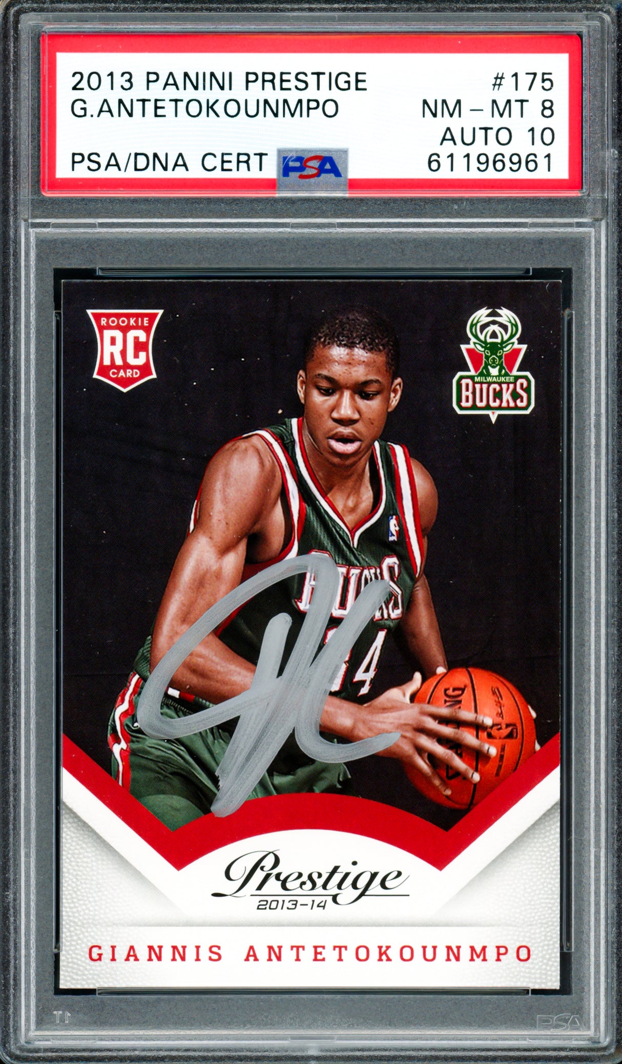 Giannis Antetokounmpo Autographed 2013 Panini Prestige Rookie Card #175 Milwaukee Bucks PSA 8 Auto Grade Gem Mint 10 PSA/DNA Stock #262004