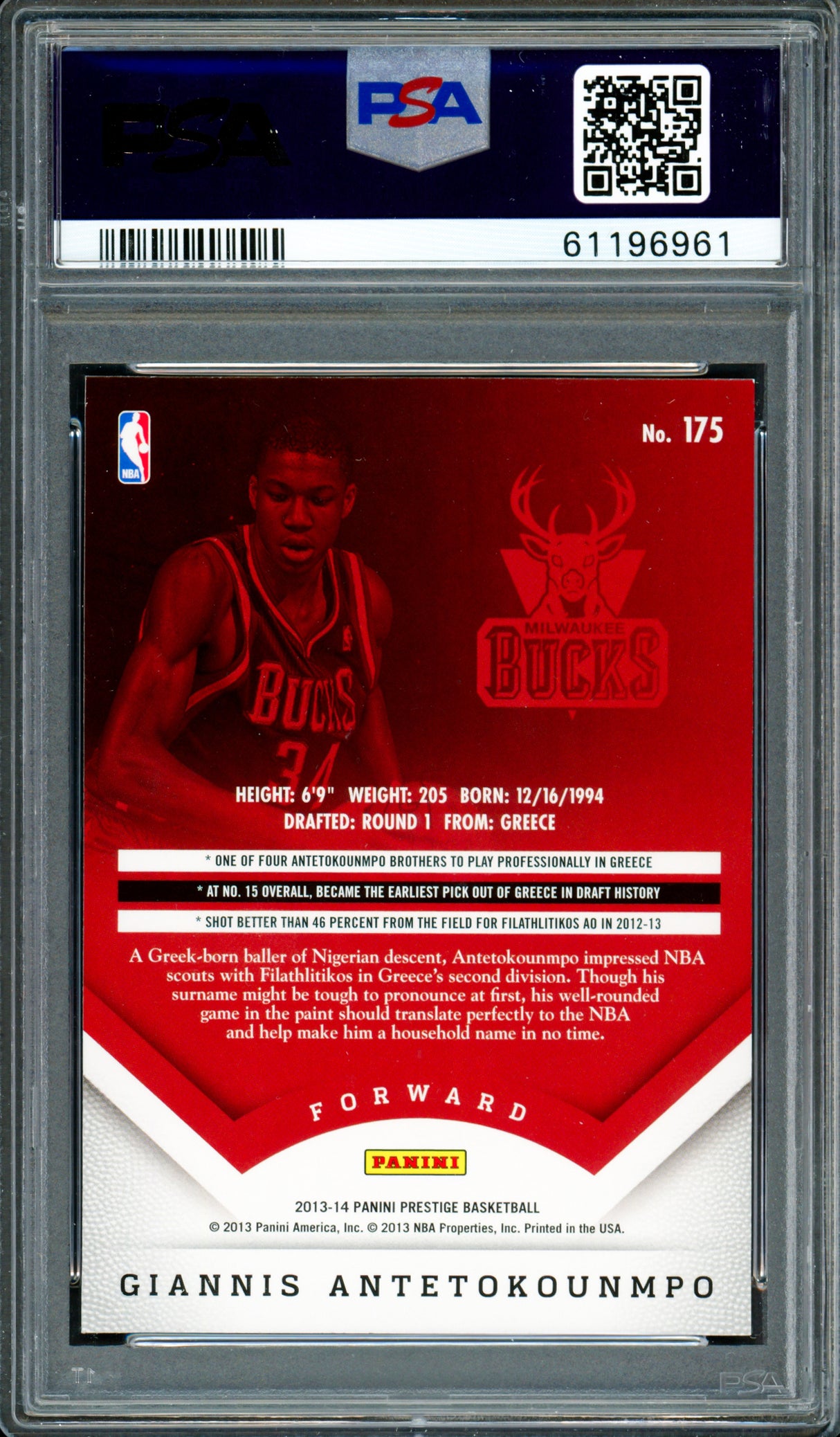 Giannis Antetokounmpo Autographed 2013 Panini Prestige Rookie Card #175 Milwaukee Bucks PSA 8 Auto Grade Gem Mint 10 PSA/DNA Stock #262004