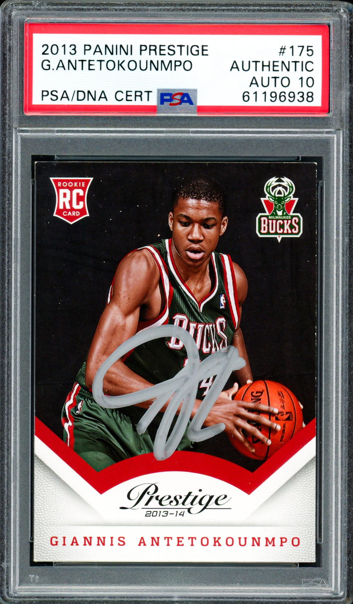 Giannis Antetokounmpo Autographed 2013 Panini Prestige Rookie Card #175 Milwaukee Bucks Auto Grade Gem Mint 10 PSA/DNA Stock #262006