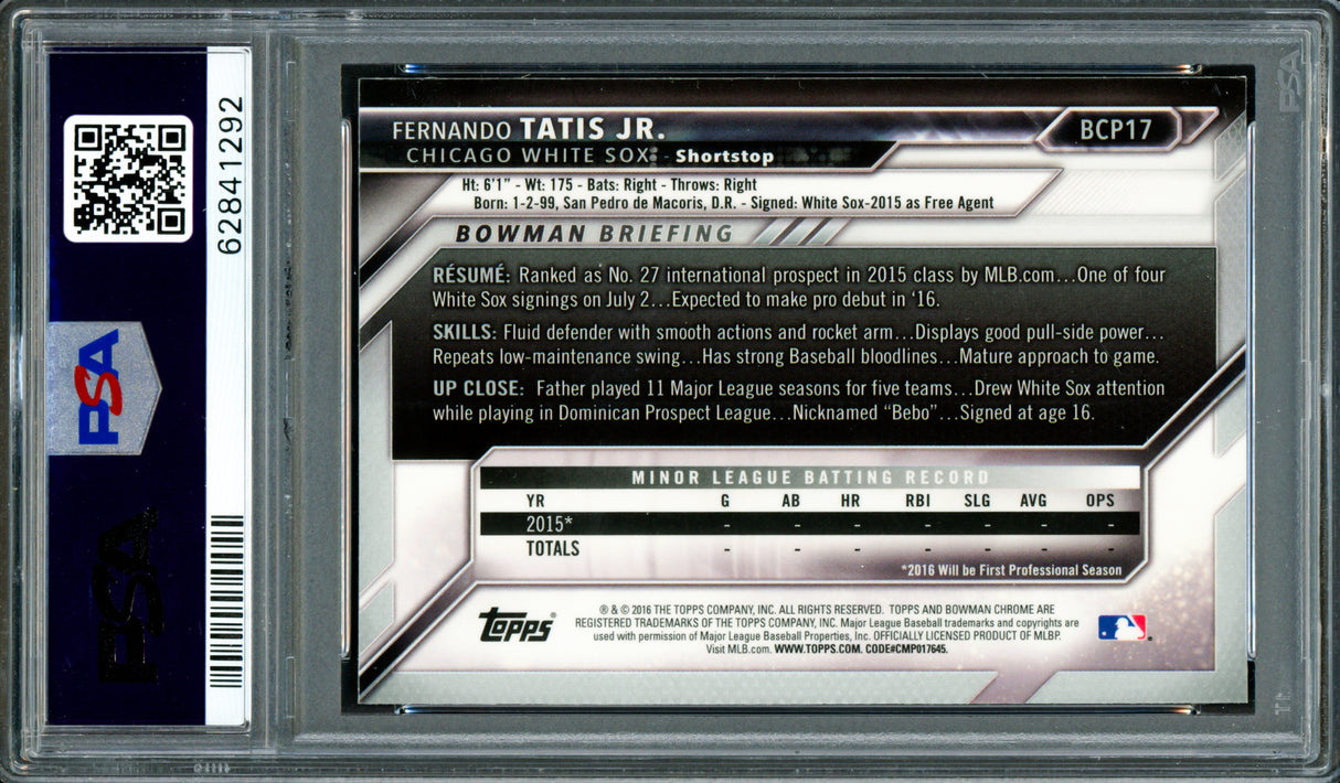 Fernando Tatis Jr. Autographed 2016 Bowman Chrome Rookie Card #BCP17 San Diego Padres PSA 8 Auto Grade Gem Mint 10 PSA/DNA Stock #262011