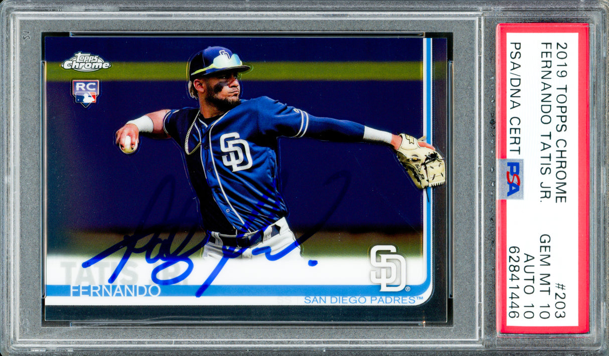 Fernando Tatis Jr. Autographed 2019 Topps Chrome Rookie Card #203 San Diego Padres PSA 10 Auto Grade Gem Mint 10 PSA/DNA Stock #262015