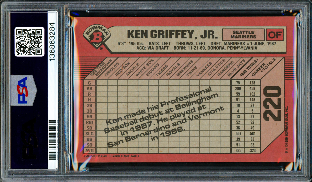 Ken Griffey Jr. Autographed 1989 Bowman Rookie Card #220 Seattle Mariners PSA 8 Auto Grade Gem Mint 10 PSA/DNA Stock #262021