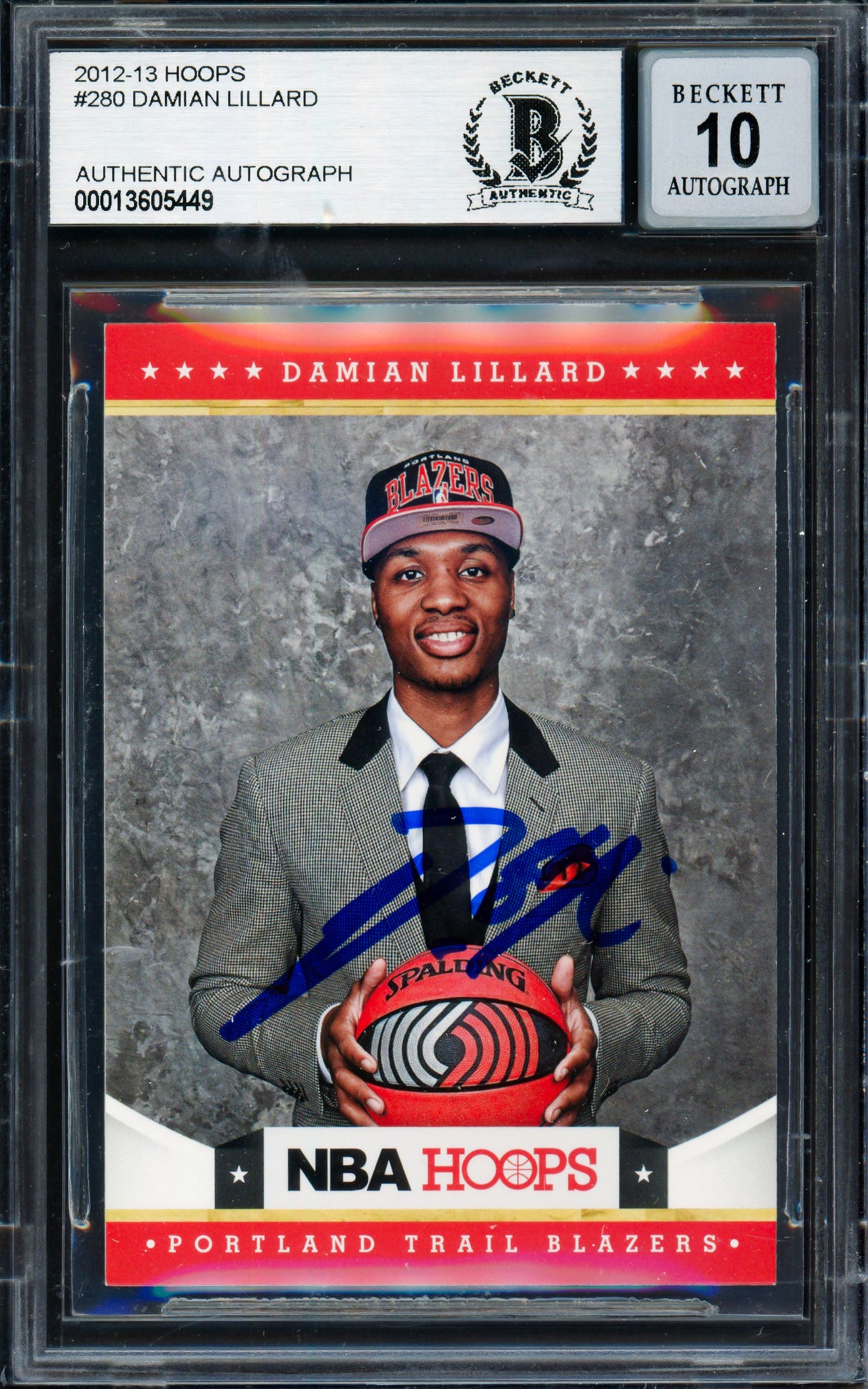 Damian Lillard Autographed 2012-13 Panini Hoops Rookie Card #280 Portland Trail Blazers Auto Grade Gem Mint 10 Beckett BAS Stock #262007
