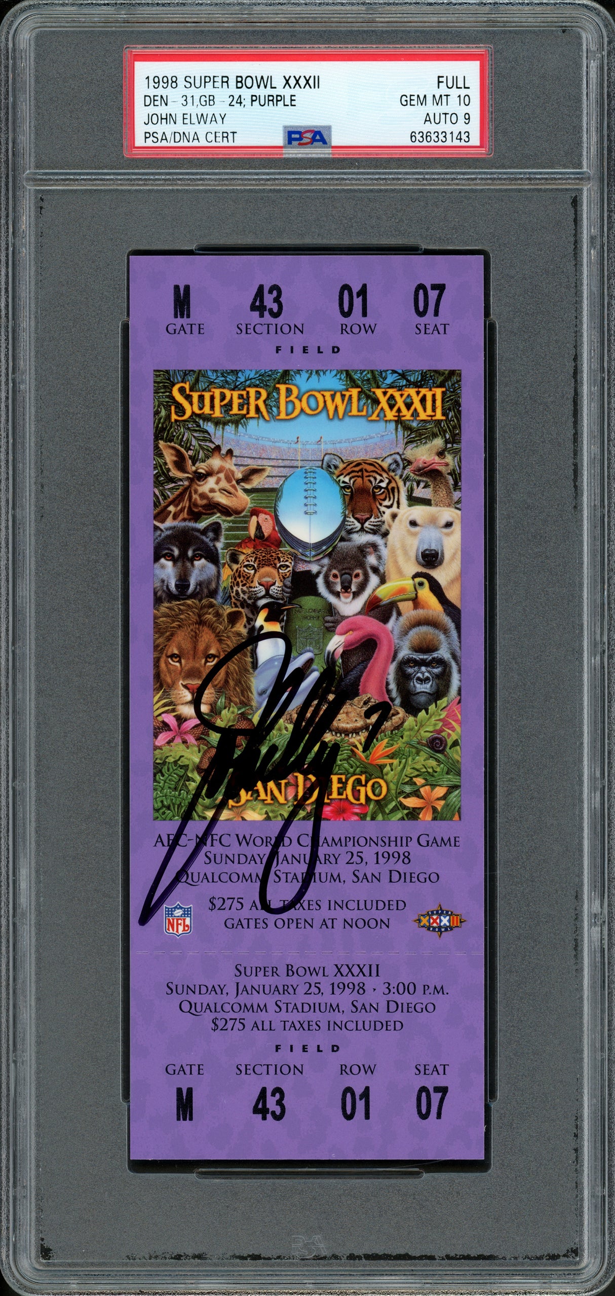John Elway Autographed 1998 Super Bowl XXXII Ticket Denver Broncos PSA 10 Auto Grade Mint 9 PSA/DNA Stock #262026