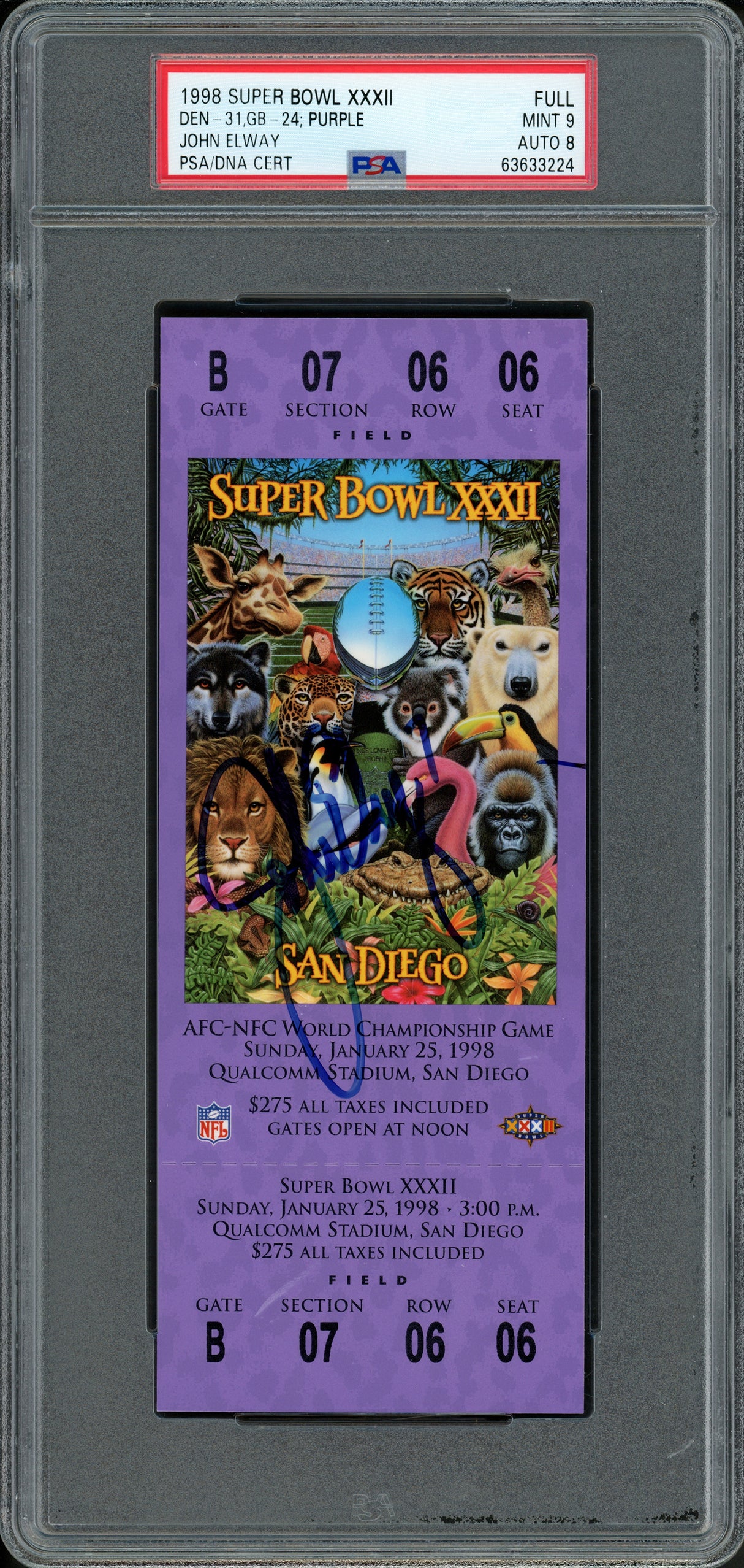 John Elway Autographed 1998 Super Bowl XXXII Ticket Denver Broncos PSA 9 Auto Grade Near Mint/Mint 8 PSA/DNA Stock #262028