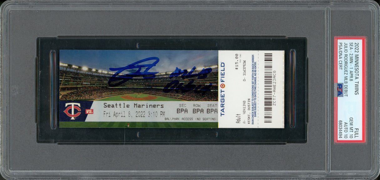 Julio Rodriguez Autographed 2022 MLB Debut Rookie Ticket 4/8/2022 Seattle Mariners PSA 10 Auto Grade Gem Mint 10 "MLB Debut" (Field) PSA/DNA Stock #262029
