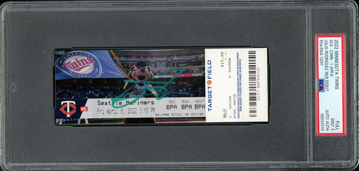 Julio Rodriguez Autographed 2022 MLB Debut Rookie Ticket 4/8/2022 Seattle Mariners PSA 9 (Mascot) PSA/DNA Stock #262041