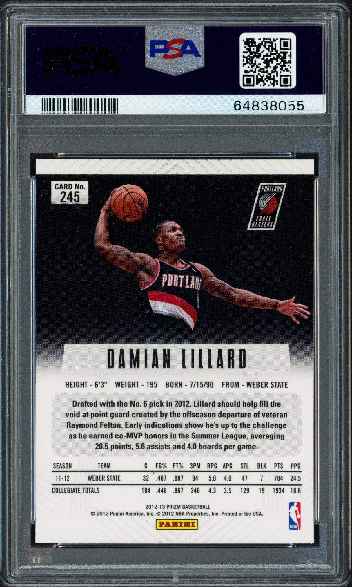 Damian Lillard Autographed 2012-13 Panini Prizm Rookie Card #245 Portland Trail Blazers BGS 9 Auto Grade Gem Mint 10 Beckett BAS Stock #262045