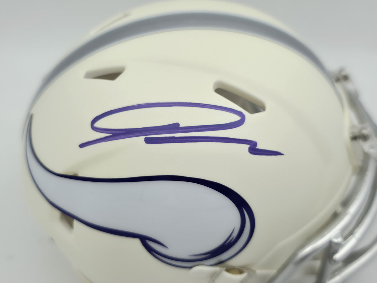 Jordan Addison Autographed Minnesota Vikings White 2024 Alternate Speed Mini Helmet (In Black) Beckett BAS QR Stock #261902