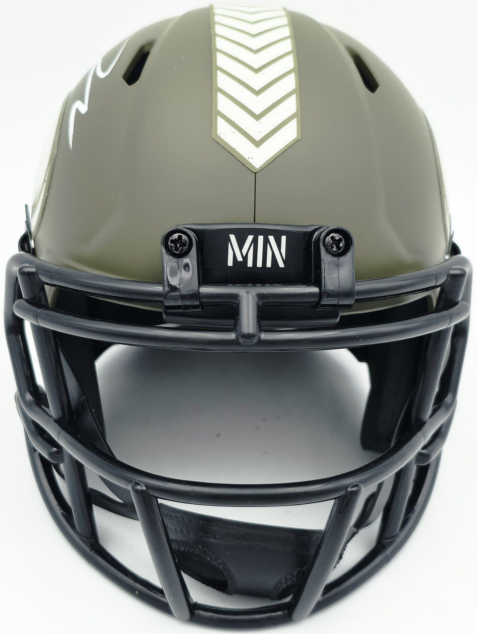 Jordan Addison Autographed Minnesota Vikings Army Green Salute To Service Speed Mini Helmet (In White) Beckett BAS QR Stock #261906