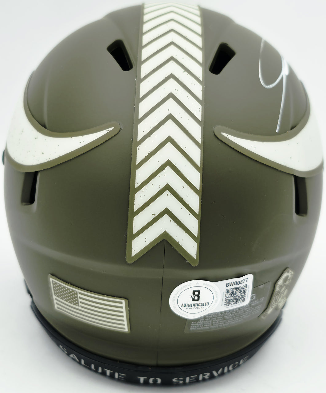 Jordan Addison Autographed Minnesota Vikings Army Green Salute To Service Speed Mini Helmet (In White) Beckett BAS QR Stock #261906