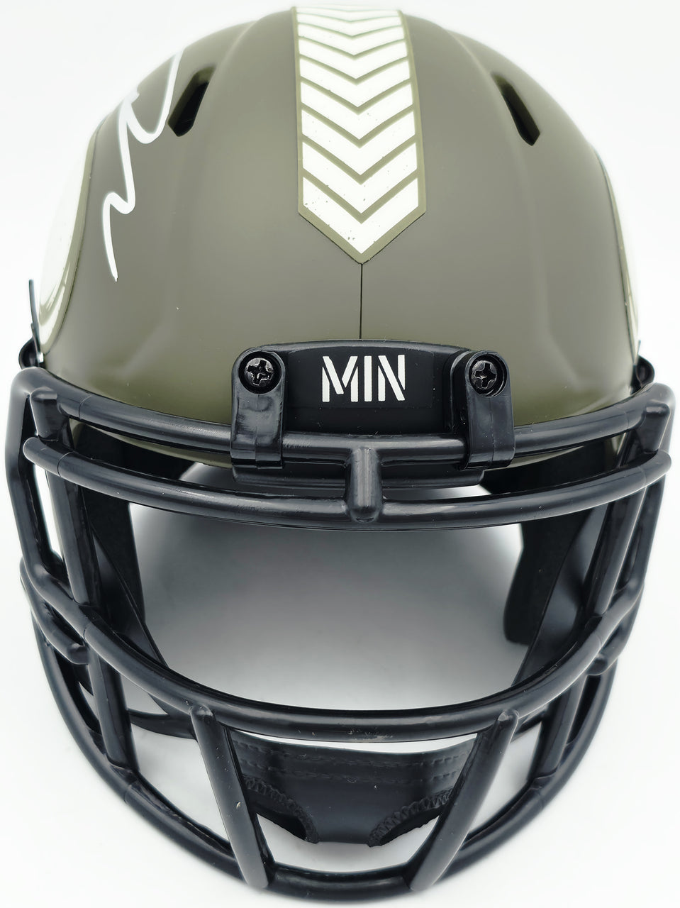Jordan Addison Autographed Minnesota Vikings Army Green Salute To Service Speed Mini Helmet (In Silver) Beckett BAS QR Stock #261907
