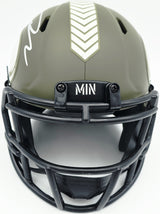 Jordan Addison Autographed Minnesota Vikings Army Green Salute To Service Speed Mini Helmet (In Silver) Beckett BAS QR Stock #261907