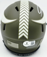 Jordan Addison Autographed Minnesota Vikings Army Green Salute To Service Speed Mini Helmet (In Silver) Beckett BAS QR Stock #261907