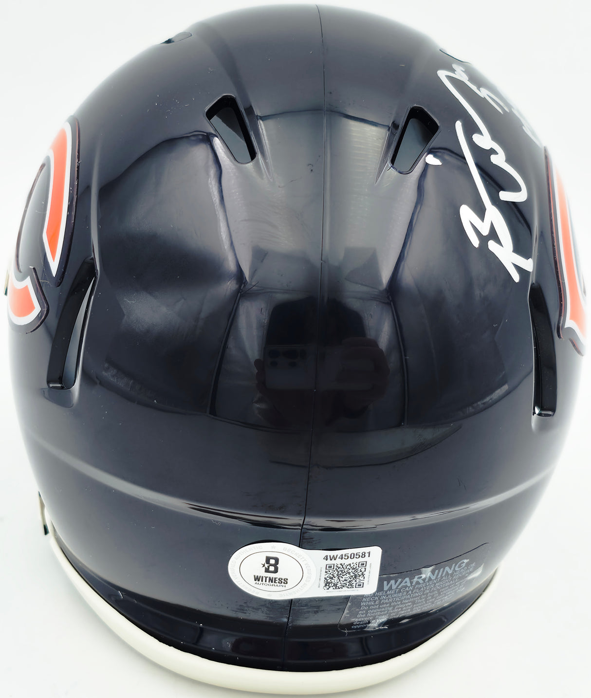 Brian Urlacher Autographed Chicago Bears Blue Speed Mini Helmet (In Silver) "HOF 18" Beckett BAS Witness Stock #261923