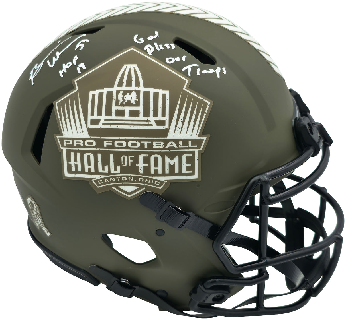 Brian Urlacher Autographed Chicago Bears Army Green Salute To Service Full Size Speed Authentic Helmet Chicago Bears "HOF 18 & God Bless Our Troops" Beckett BAS Witness Stock #261931