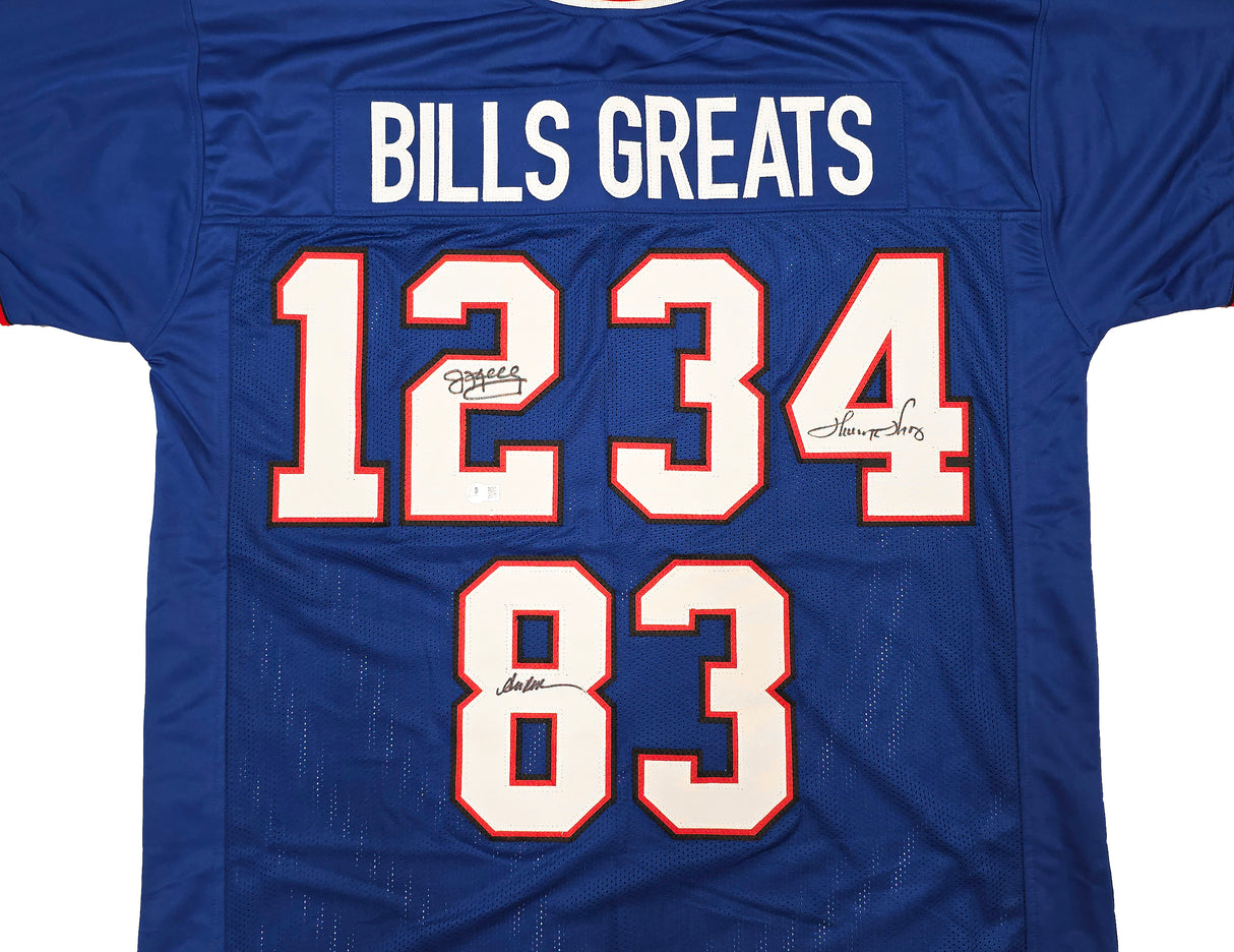 Buffalo Bills Jim Kelly, Thurman Thomas & Andre Reed Autographed Blue Jersey Beckett BAS Witness Stock #261518