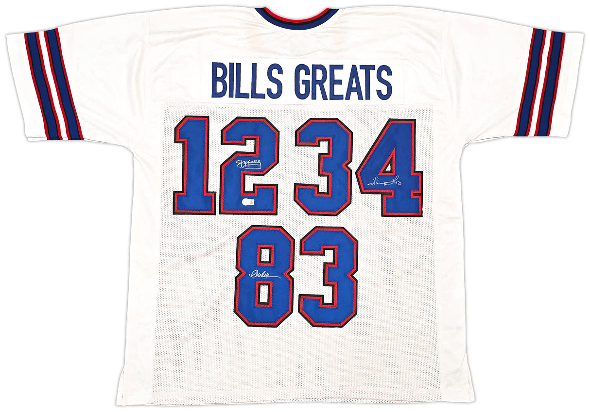 Buffalo Bills Jim Kelly, Thurman Thomas & Andre Reed Autographed White Jersey Beckett BAS Witness Stock #261517
