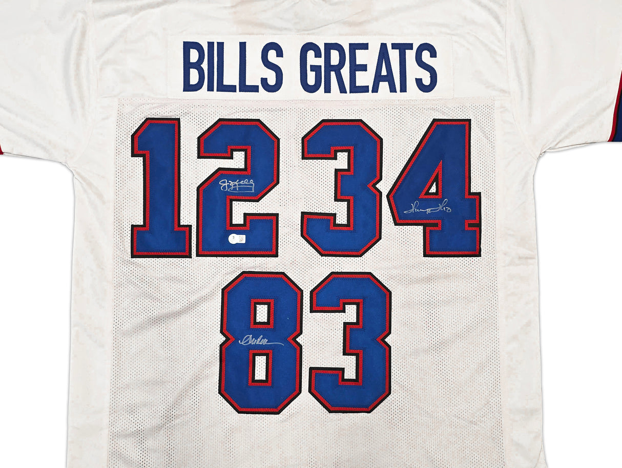 Buffalo Bills Jim Kelly, Thurman Thomas & Andre Reed Autographed White Jersey Beckett BAS Witness Stock #261517