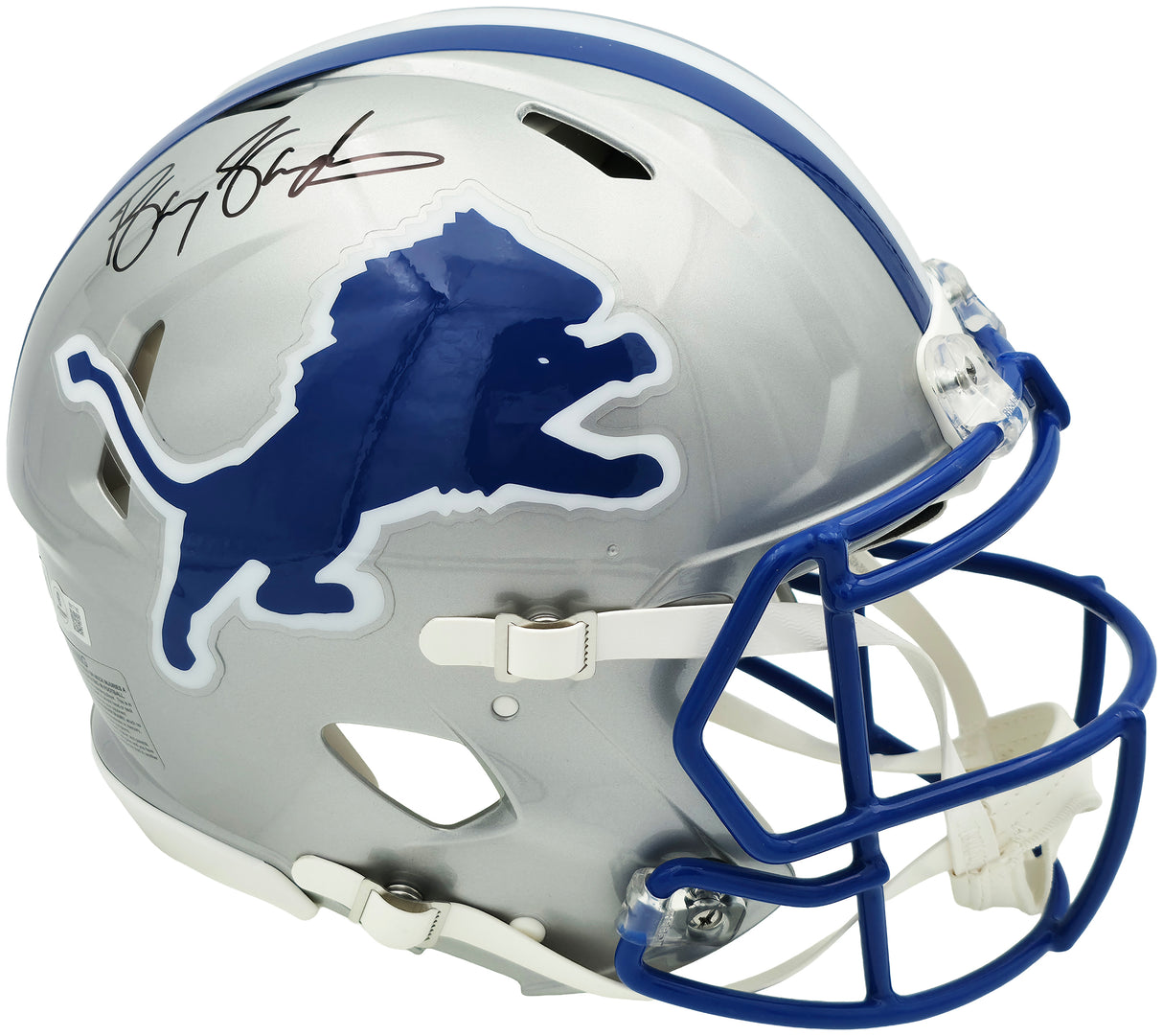 Barry Sanders Autographed Detroit Lions 1983-02 Silver Throwback Full Size Speed Authentic Helmet Beckett BAS QR Stock #260179