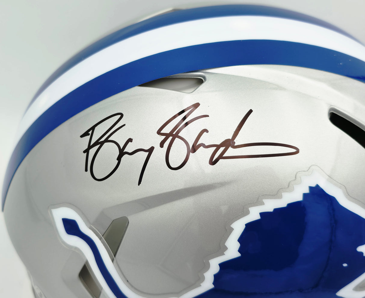 Barry Sanders Autographed Detroit Lions 1983-02 Silver Throwback Full Size Speed Authentic Helmet Beckett BAS QR Stock #260179