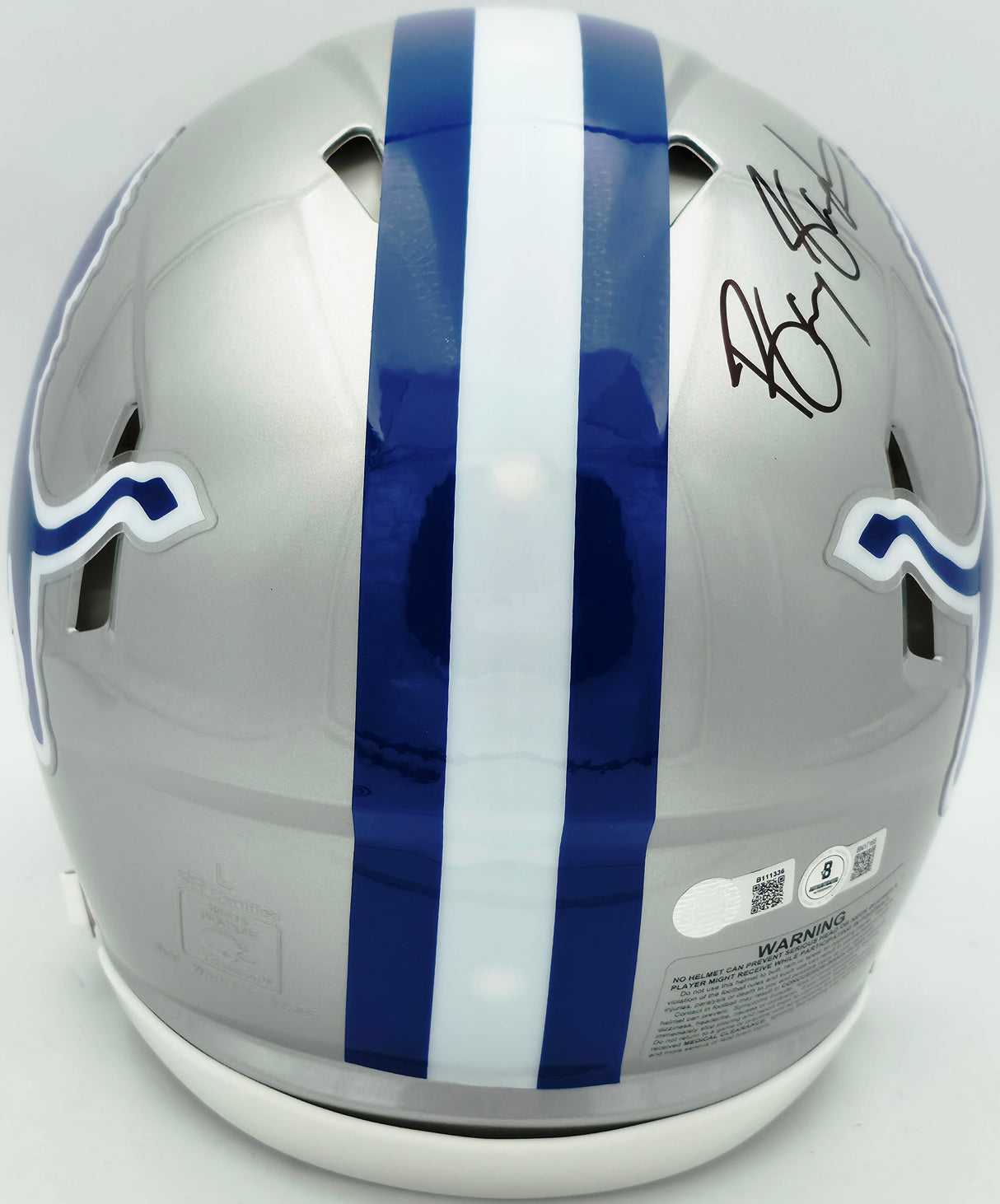 Barry Sanders Autographed Detroit Lions 1983-02 Silver Throwback Full Size Speed Authentic Helmet Beckett BAS QR Stock #260179