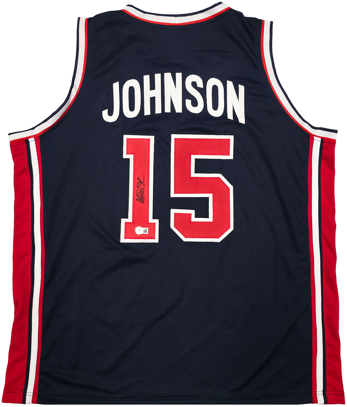 Team USA Magic Johnson Autographed Blue Jersey Beckett BAS QR Stock #259994