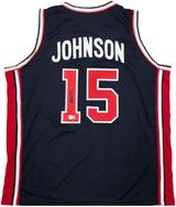 Team USA Magic Johnson Autographed Blue Jersey Beckett BAS QR Stock #259994