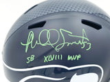 Malcolm Smith Autographed Seattle Seahawks Blue Full Size Speed Replica Helmet "SB LXVIII MVP" Beckett BAS Witness Stock #262124