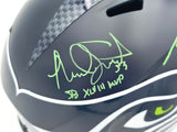 Kenneth Walker III & Malcolm Smith Autographed Seattle Seahawks Blue Full Size Speed Replica Helmet "SB LX MVP, SB LXVIII MVP" Beckett BAS Witness Stock #262125