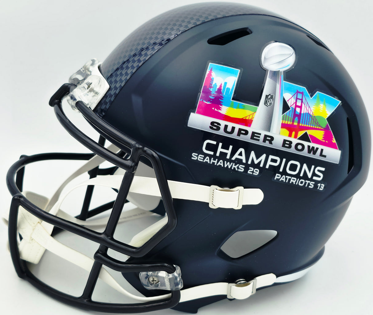 Jaxon Smith-Njigba Autographed Seattle Seahawks Blue Super Bowl LX Champions Logo Full Size Speed Replica Helmet Fanatics Holo Stock #262360