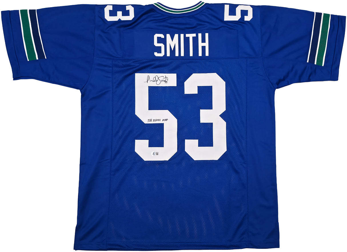 Seattle Seahawks Malcolm Smith Autographed Blue Jersey "SB LXVIII MVP" Beckett BAS Witness Stock #262117