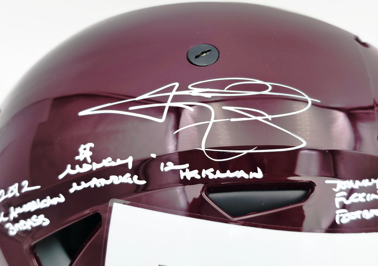 Johnny Manziel Autographed Texas A&M Aggies Maroon Full Size Authentic Hyper Speed Flex Helmet "2012 All American Badass, Money Manziel, 12 HT, Johnny F'ckin Football" Beckett BAS Witness Stock #261978