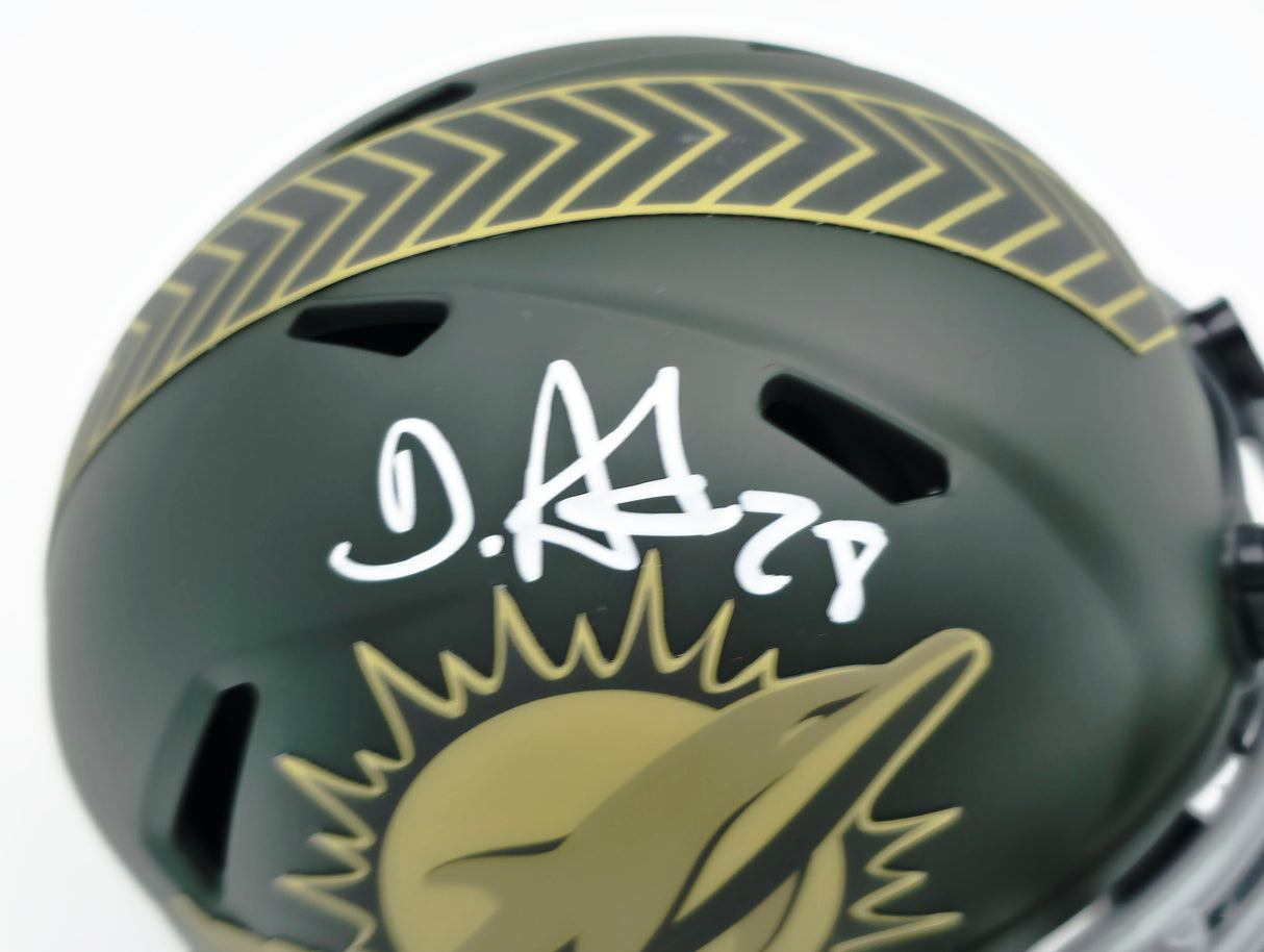 De'Von Achane Autographed Miami Dolphins Dark Green 2025 Salute to Service Speed Mini Helmet Beckett BAS Witness Stock #262076