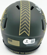 De'Von Achane Autographed Miami Dolphins Dark Green 2025 Salute to Service Speed Mini Helmet Beckett BAS Witness Stock #262076