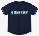 Chicago Cubs Sammy Sosa Autographed Dark Blue Jersey 'Slammin Sammy' Beckett BAS Witness Stock #263336