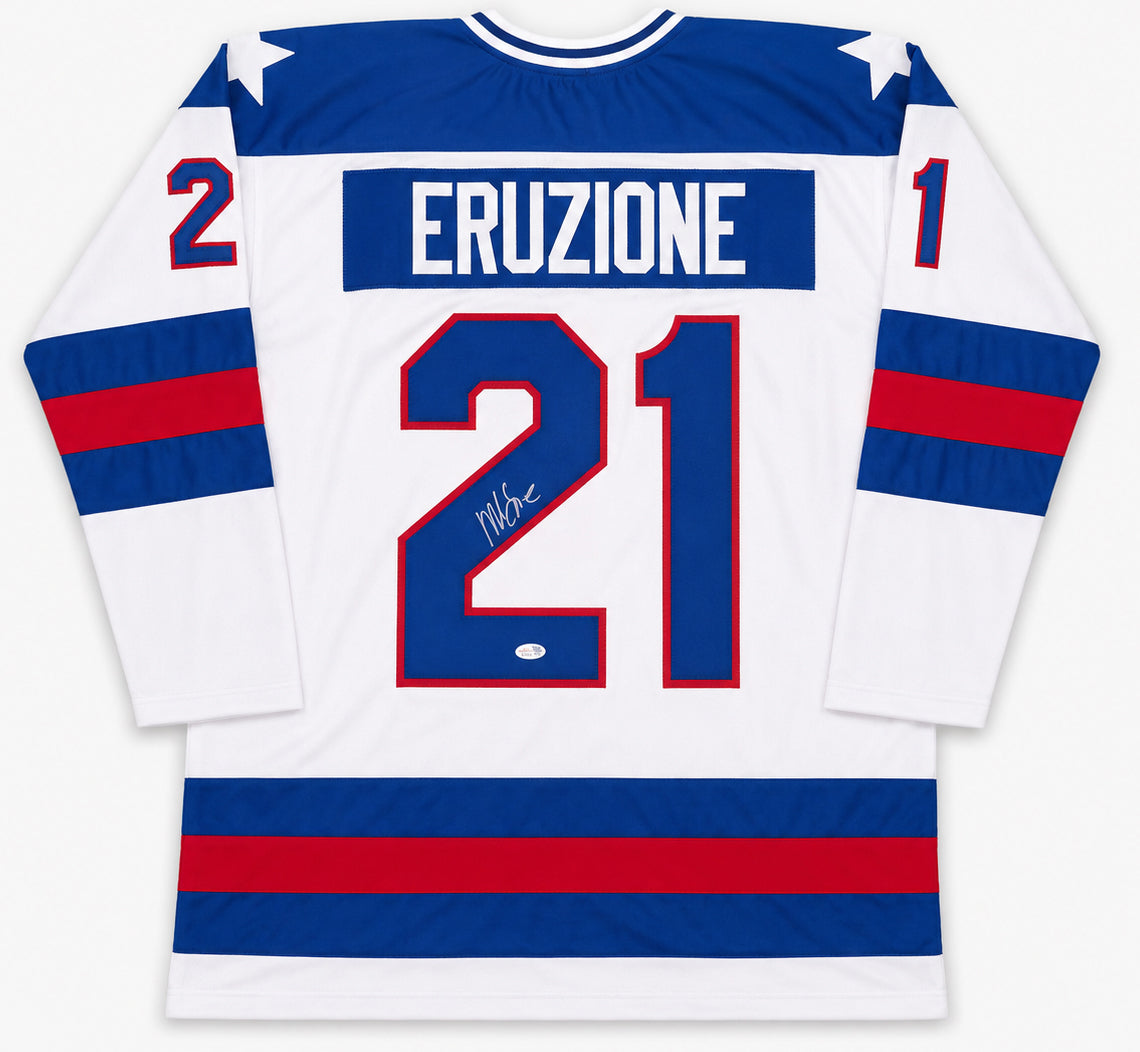 1980 Team USA Mike Eruzione Autographed White Jersey JSA Witness Stock #262978