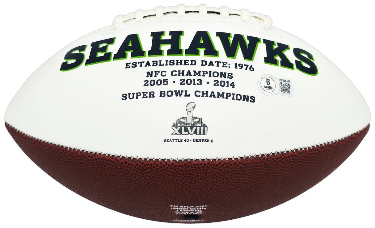 Earl Thomas III Autographed White Seattle Seahawks Super Bowl XLVIII Logo Football Beckett BAS Witness Stock #262447