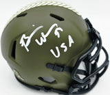 Brian Urlacher Autographed Chicago Bears Camo Green Salute to Service Speed Mini Helmet "USA" Beckett BAS Witness Stock #265865