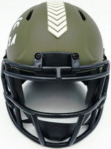 Brian Urlacher Autographed Chicago Bears Camo Green Salute to Service Speed Mini Helmet "USA" Beckett BAS Witness Stock #265865