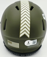 Brian Urlacher Autographed Chicago Bears Camo Green Salute to Service Speed Mini Helmet "USA" Beckett BAS Witness Stock #265865